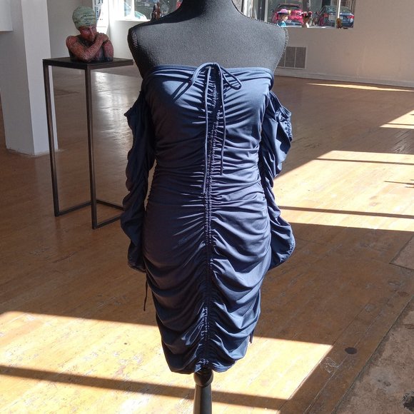 Navy longsleve off the shoulder adjustable rushing dress - Picture 7 of 8